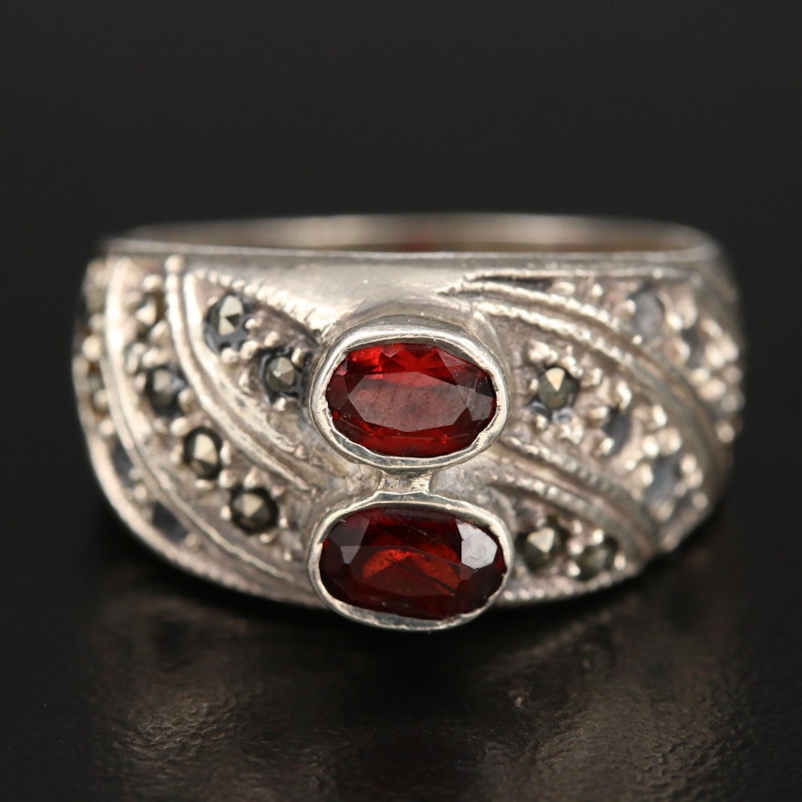 Sterling Garnet and Marcasite Ring