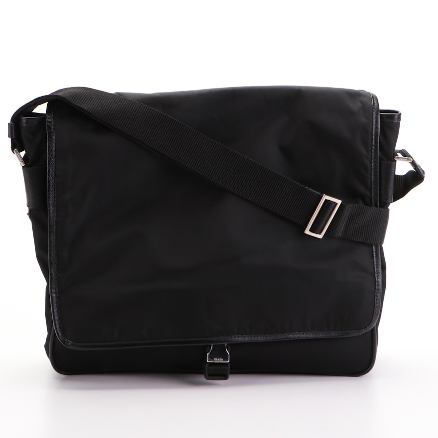 Prada Buckle Messenger Bag in Black Nylon Tessuto and Saffiano Leather