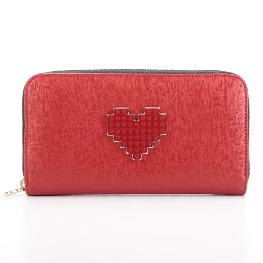 Le Petit Joueurs Zippered Wallet in Red Saffiano Leather with Heart Detail