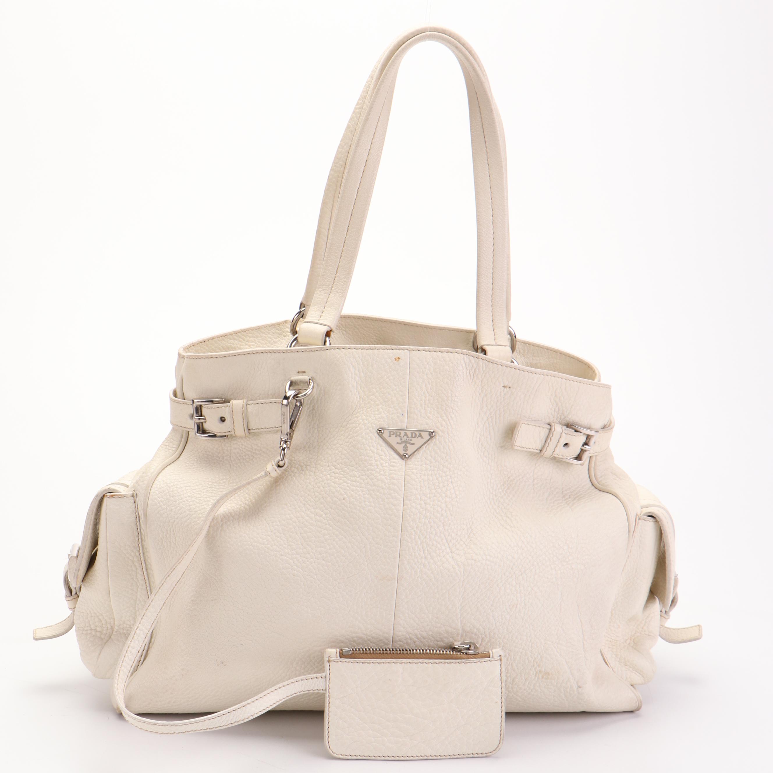 Prada Shoulder Tote Bag Large in White Vitello Daino Leather with Zip Pouch