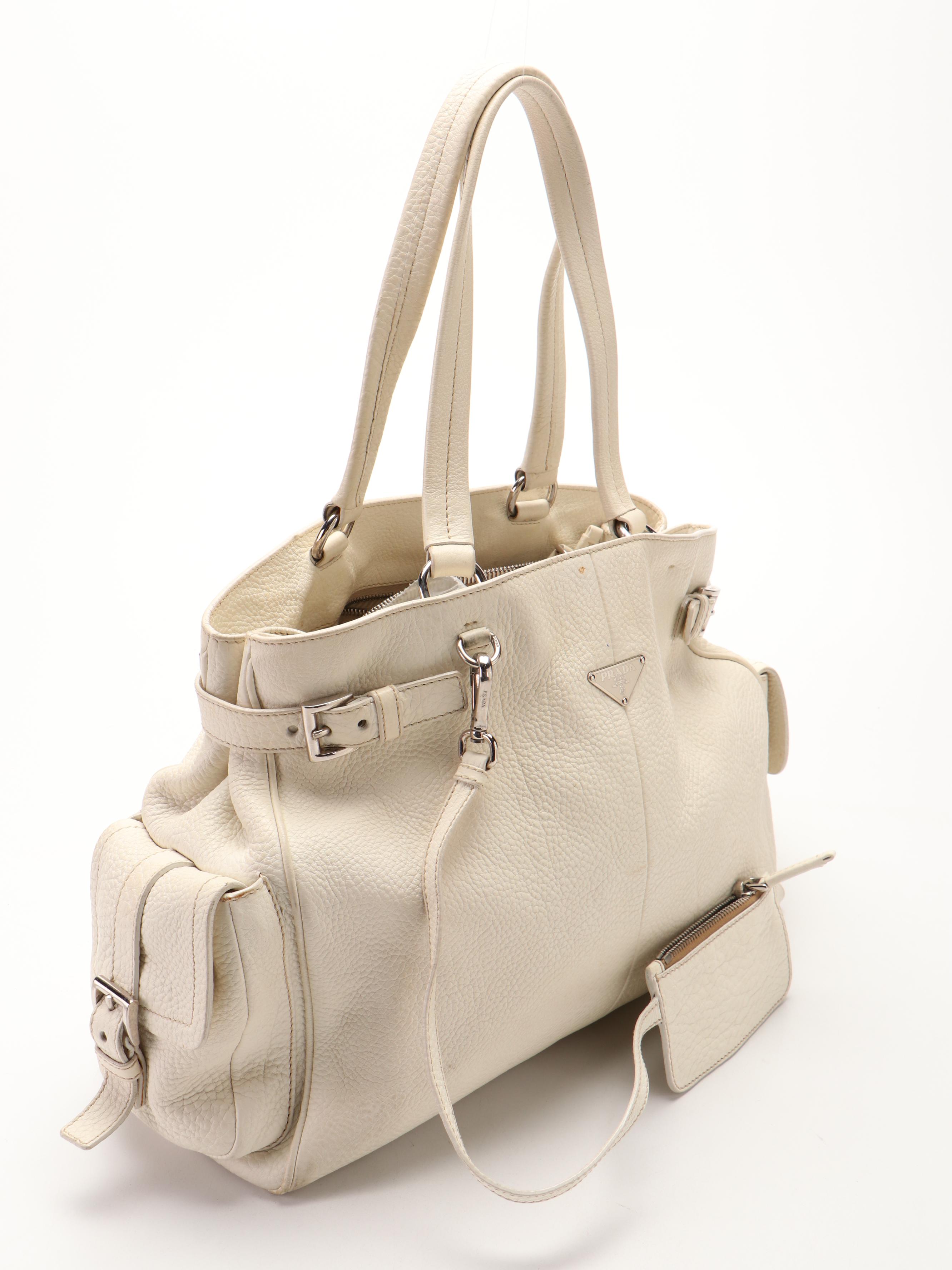 Prada Shoulder Tote Bag Large in White Vitello Daino Leather with Zip Pouch