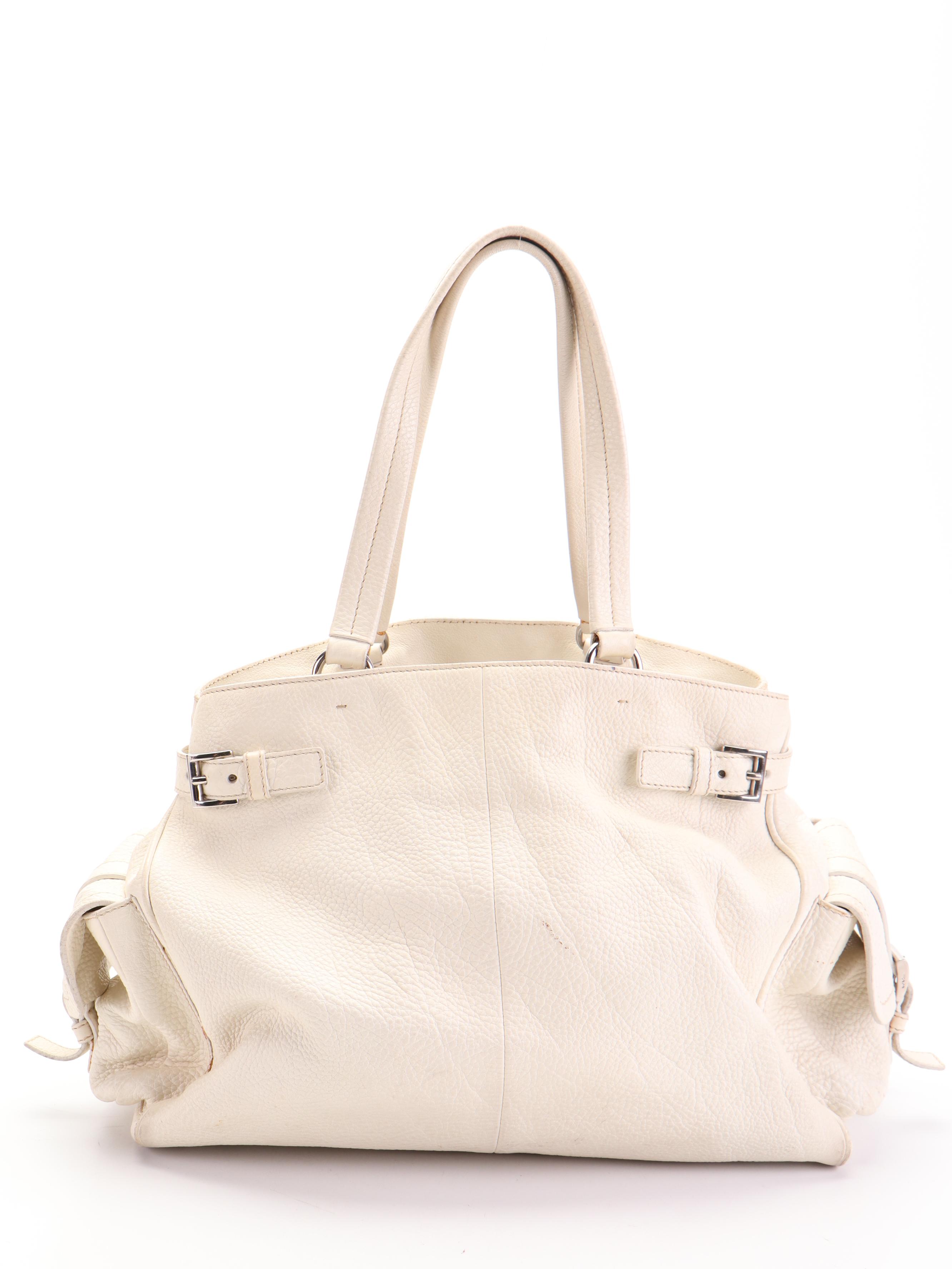 Prada Shoulder Tote Bag Large in White Vitello Daino Leather with Zip Pouch