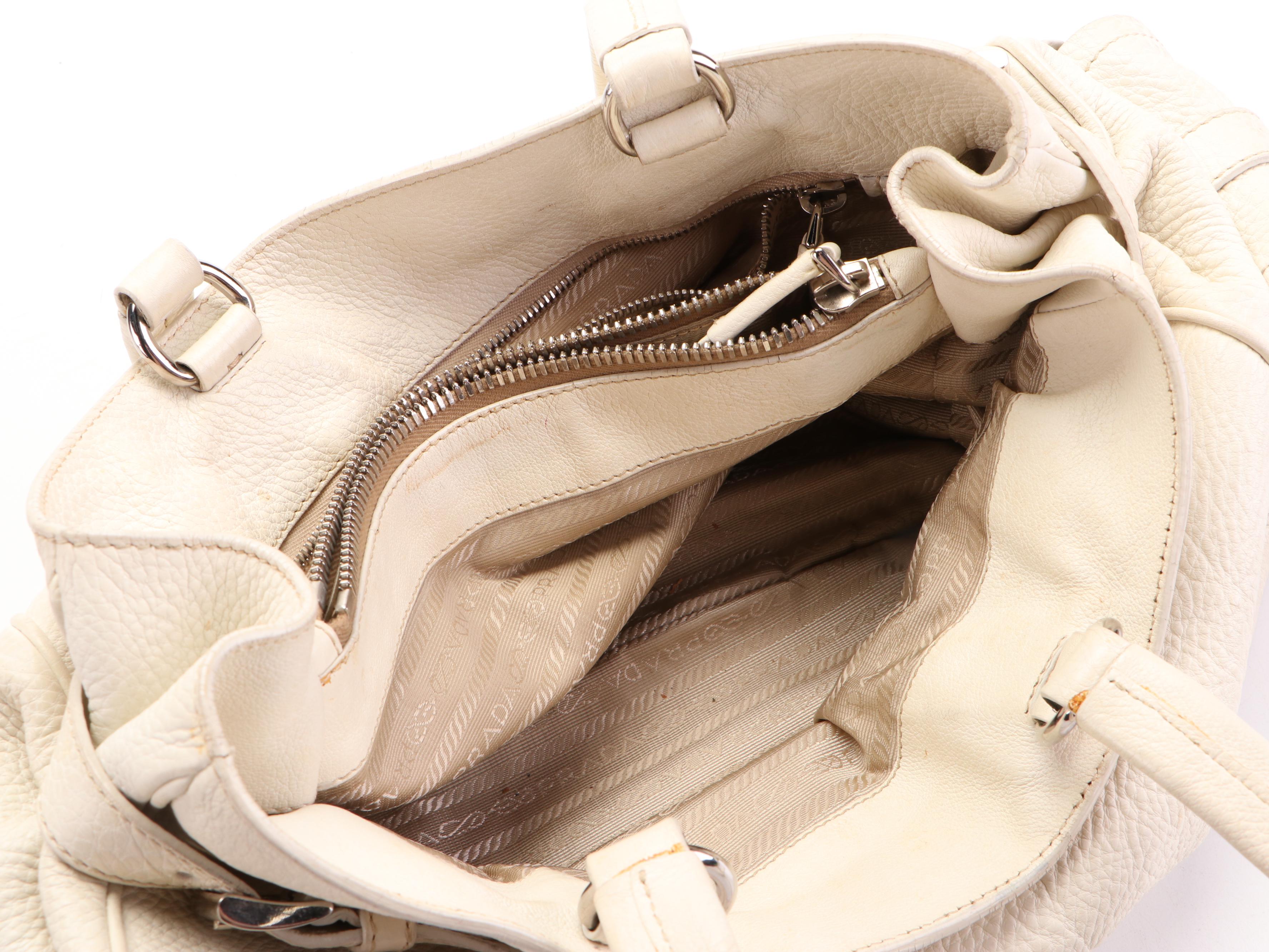 Prada Shoulder Tote Bag Large in White Vitello Daino Leather with Zip Pouch