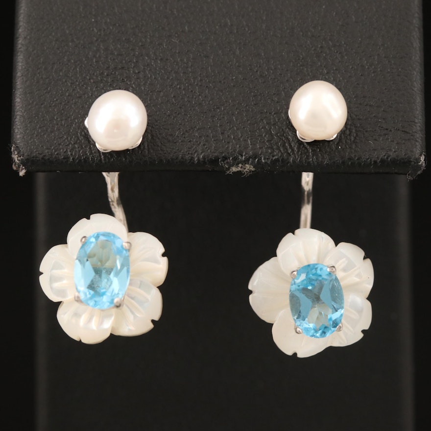 Sterling Topaz, Pearl and Mother of Pearl Earrings with Enhancer