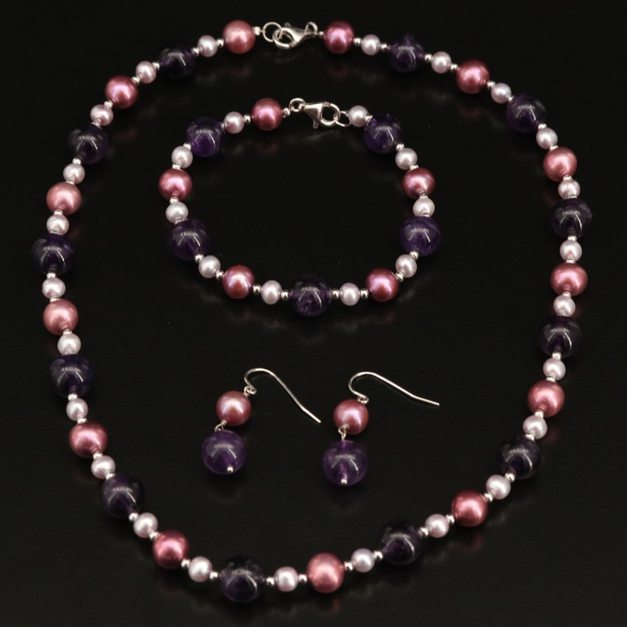 Sterling Amethyst and Pearl Beaded Jewelry Set