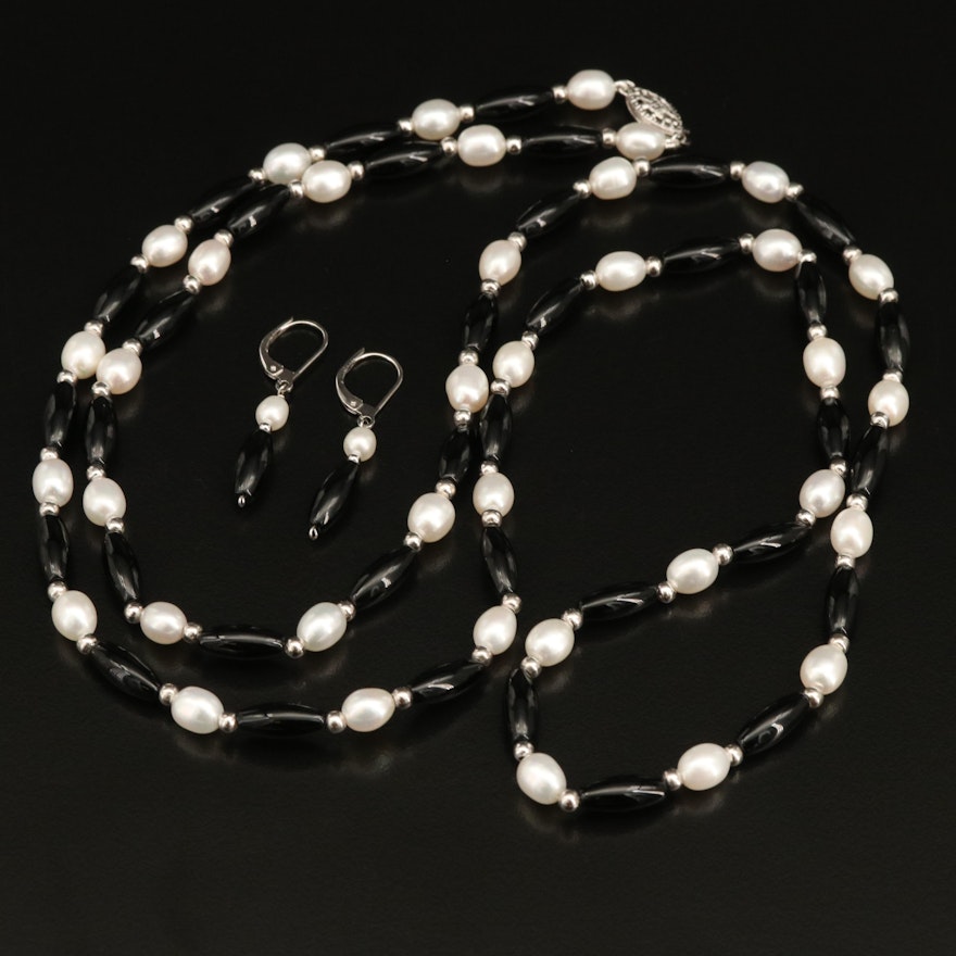 Sterling Pearl and Black Onyx Necklace and Earrings Set