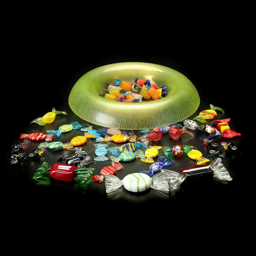 Handblown Art Glass Candies and Chartreuse Glass Bowl