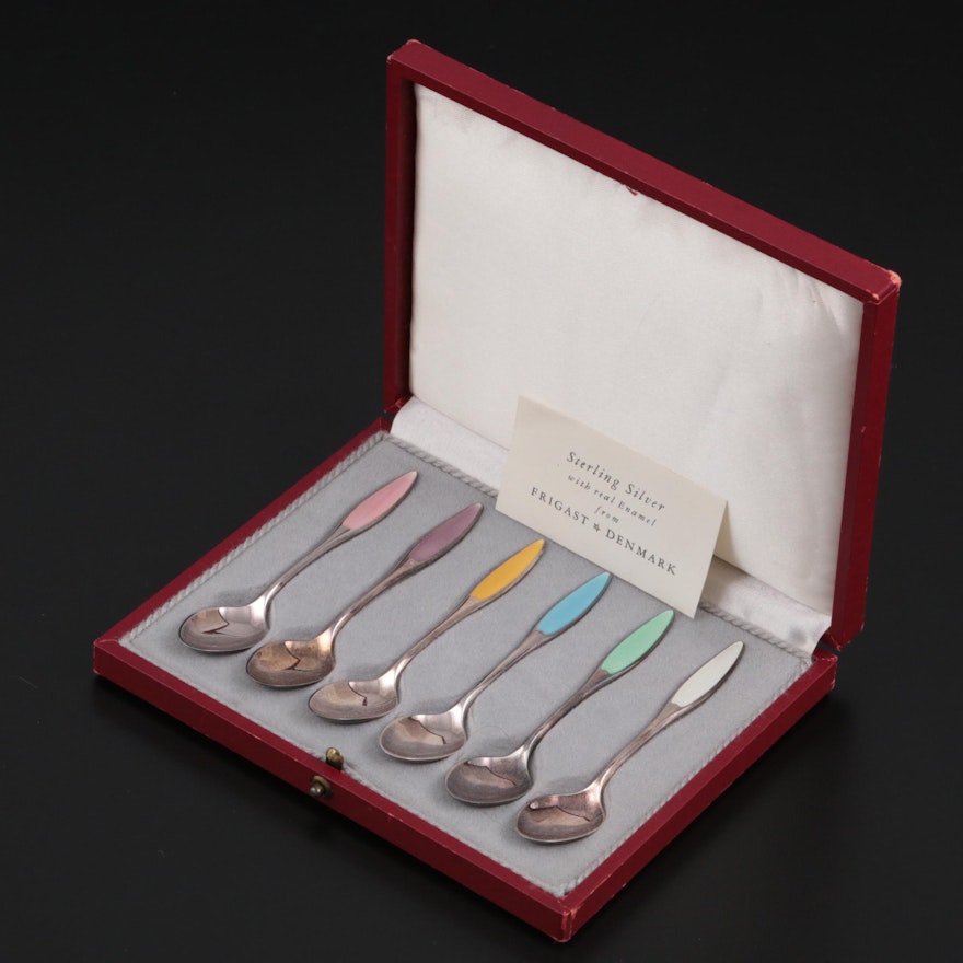 Frigast of Denmark Sterling Silver and Guilloché Enamel Demitasse Spoons