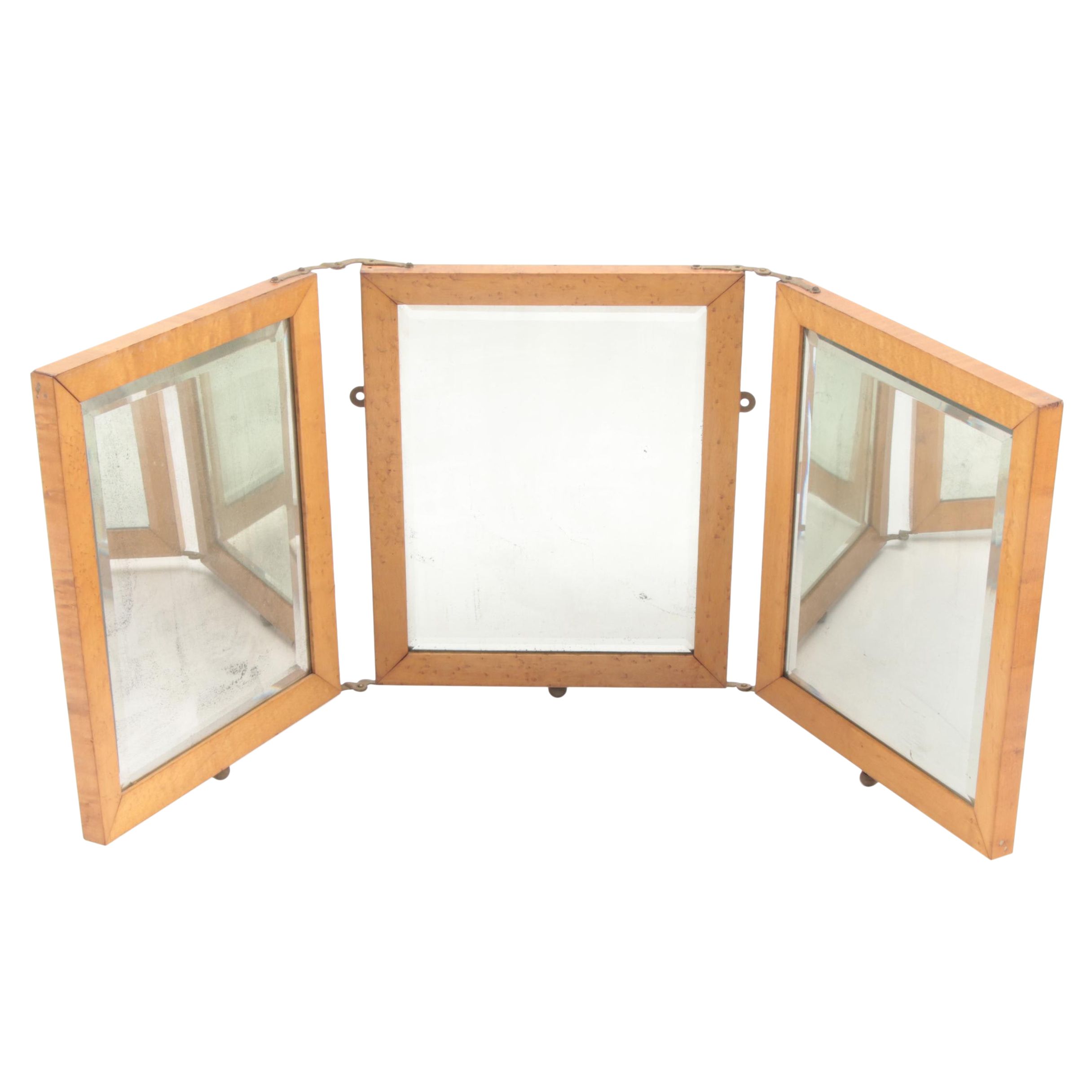 Art Nouveau Tooled Leather Folding Triptych Beveled Vanity Mirror