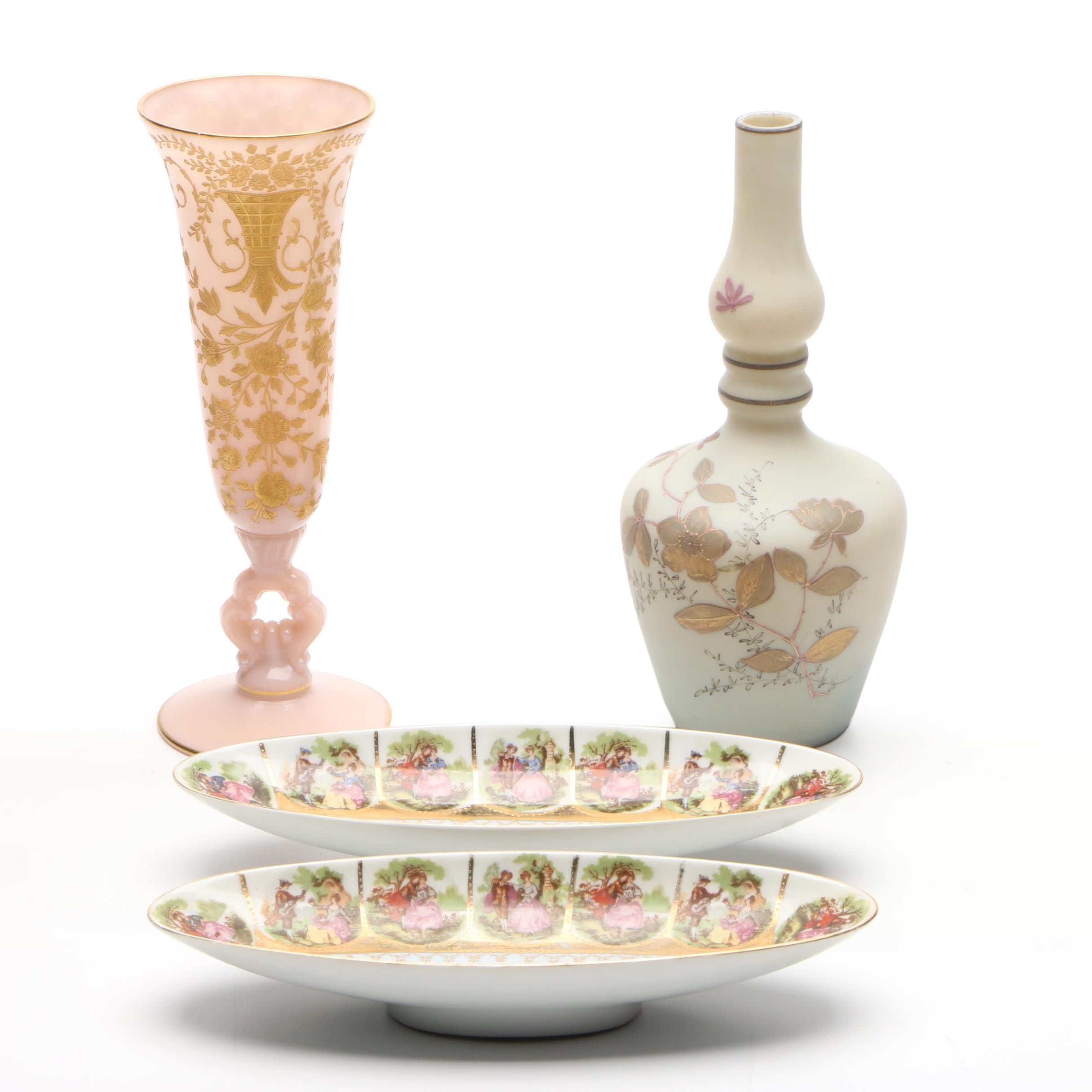 Victorian Opaque Glass Hand-Painted Bottle Vase and Other Tableware