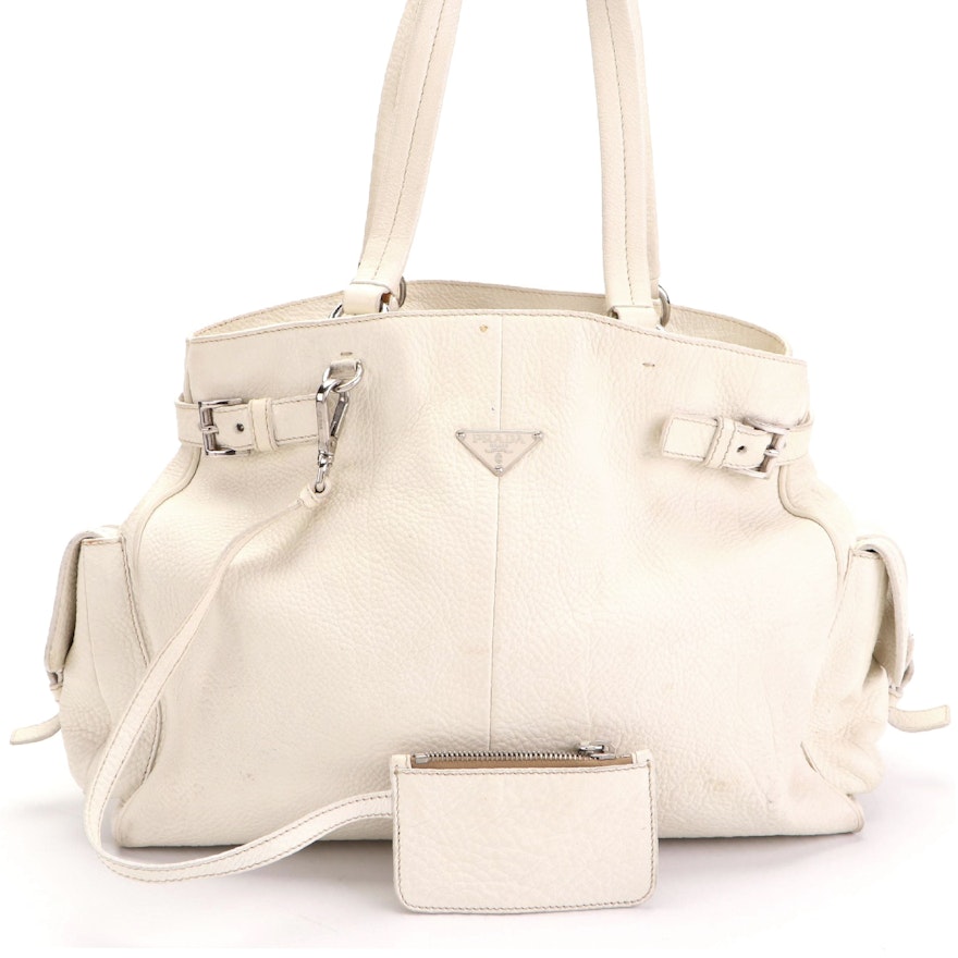 Prada Shoulder Tote Bag Large in White Vitello Daino Leather with Zip Pouch