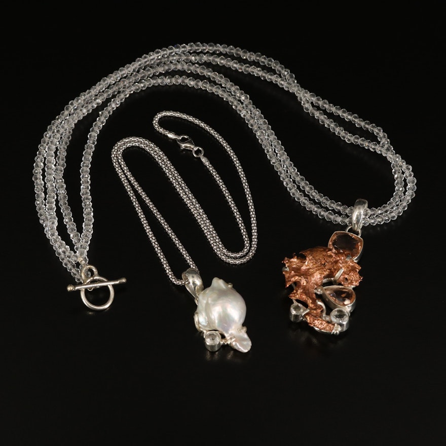 Sterling Pearl and Morganite Pendant Necklaces