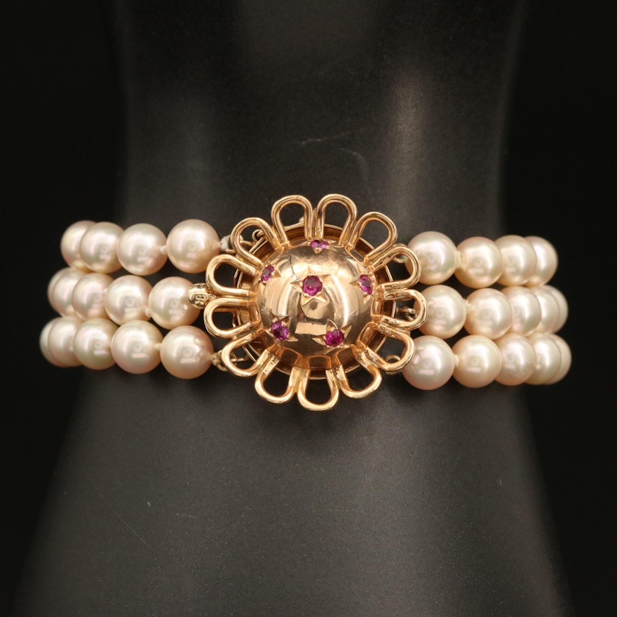 Vintage 14K Pearl and Ruby Triple-Strand Bracelet