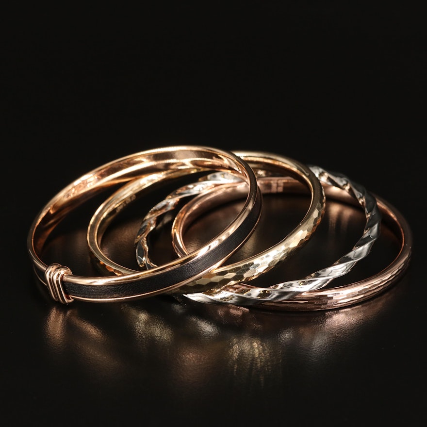 Turkish and Italian Bangles Including Bronze, Sterling and Leather Inlay