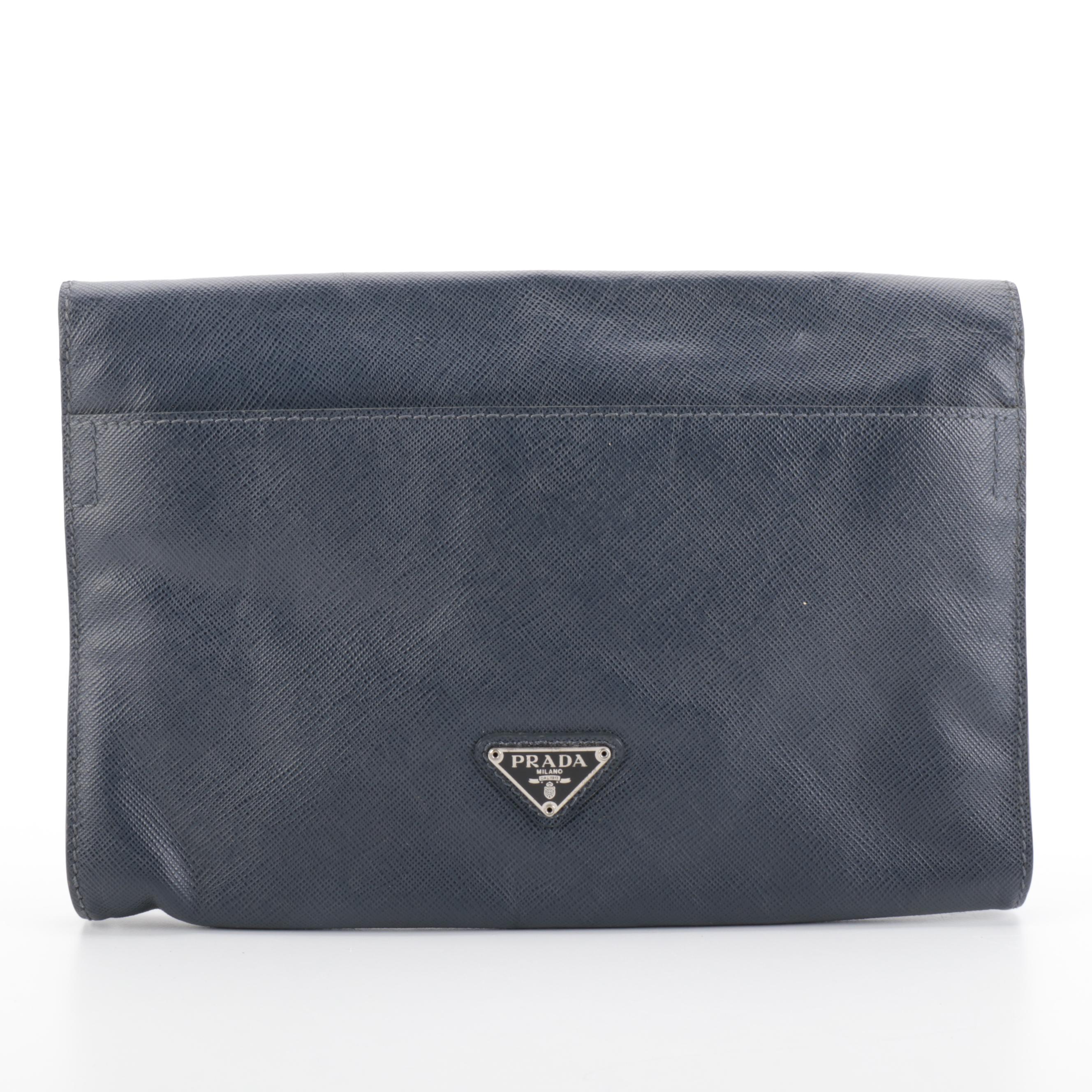 Prada Flap Front Clutch in Blue Saffiano Leather