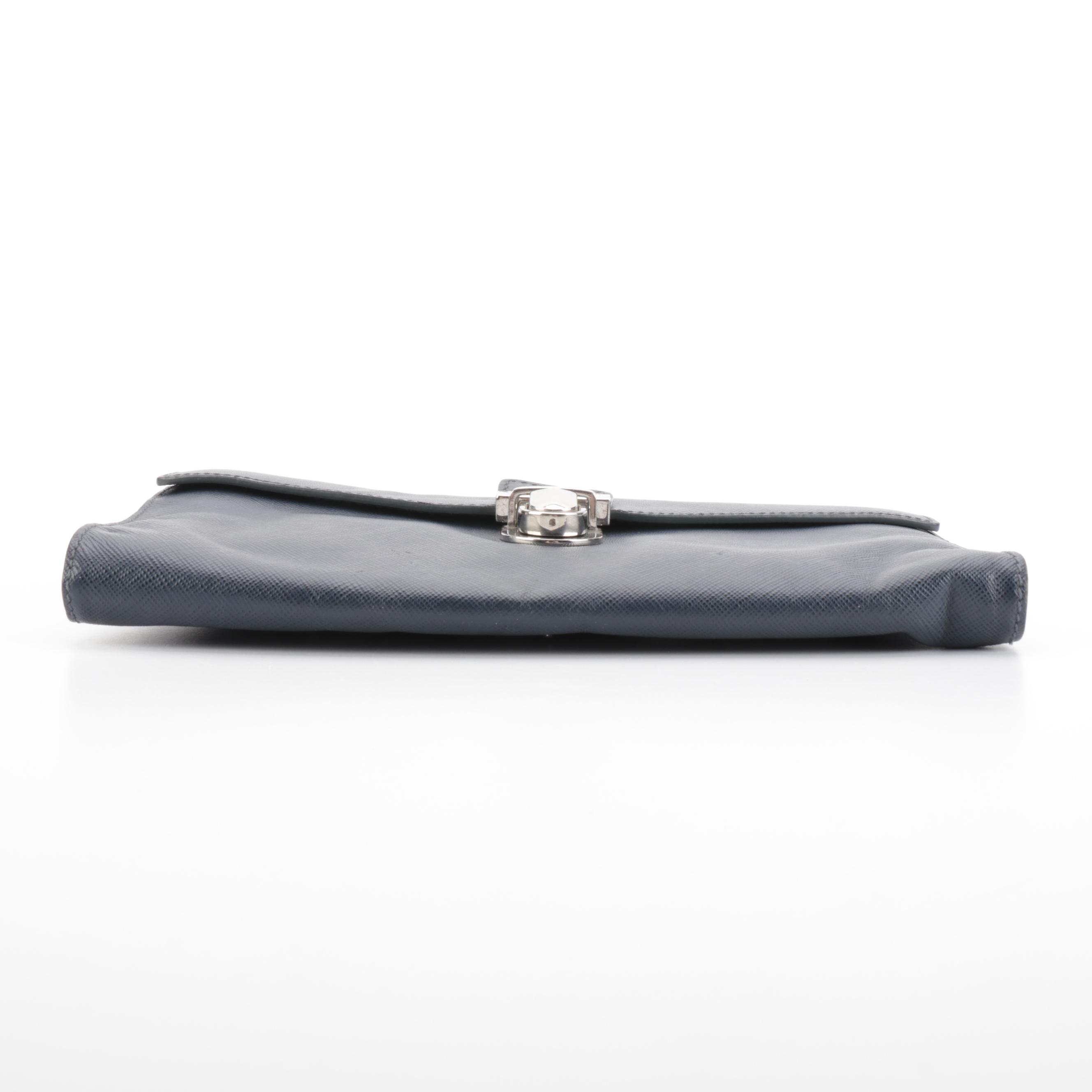 Prada Flap Front Clutch in Blue Saffiano Leather