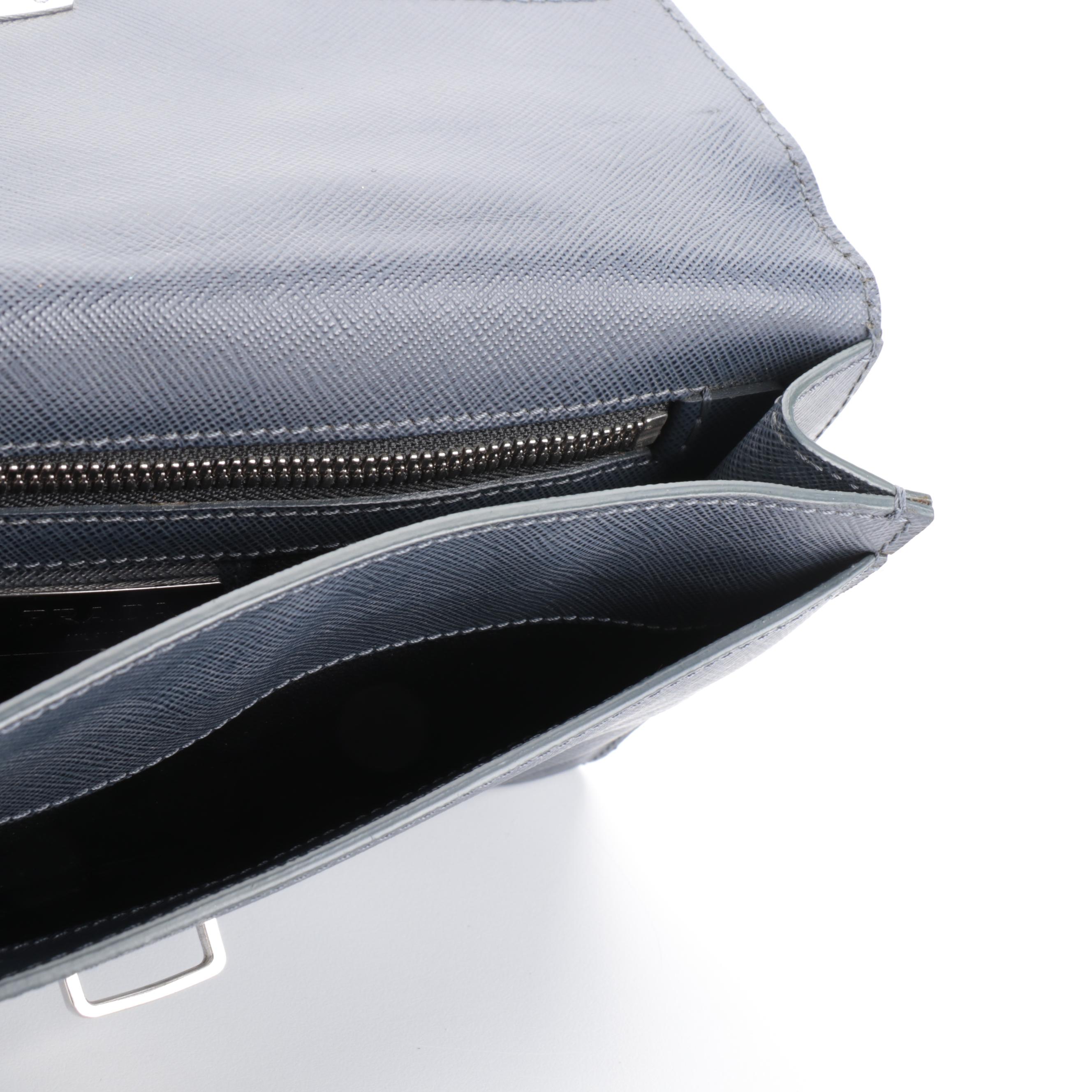 Prada Flap Front Clutch in Blue Saffiano Leather