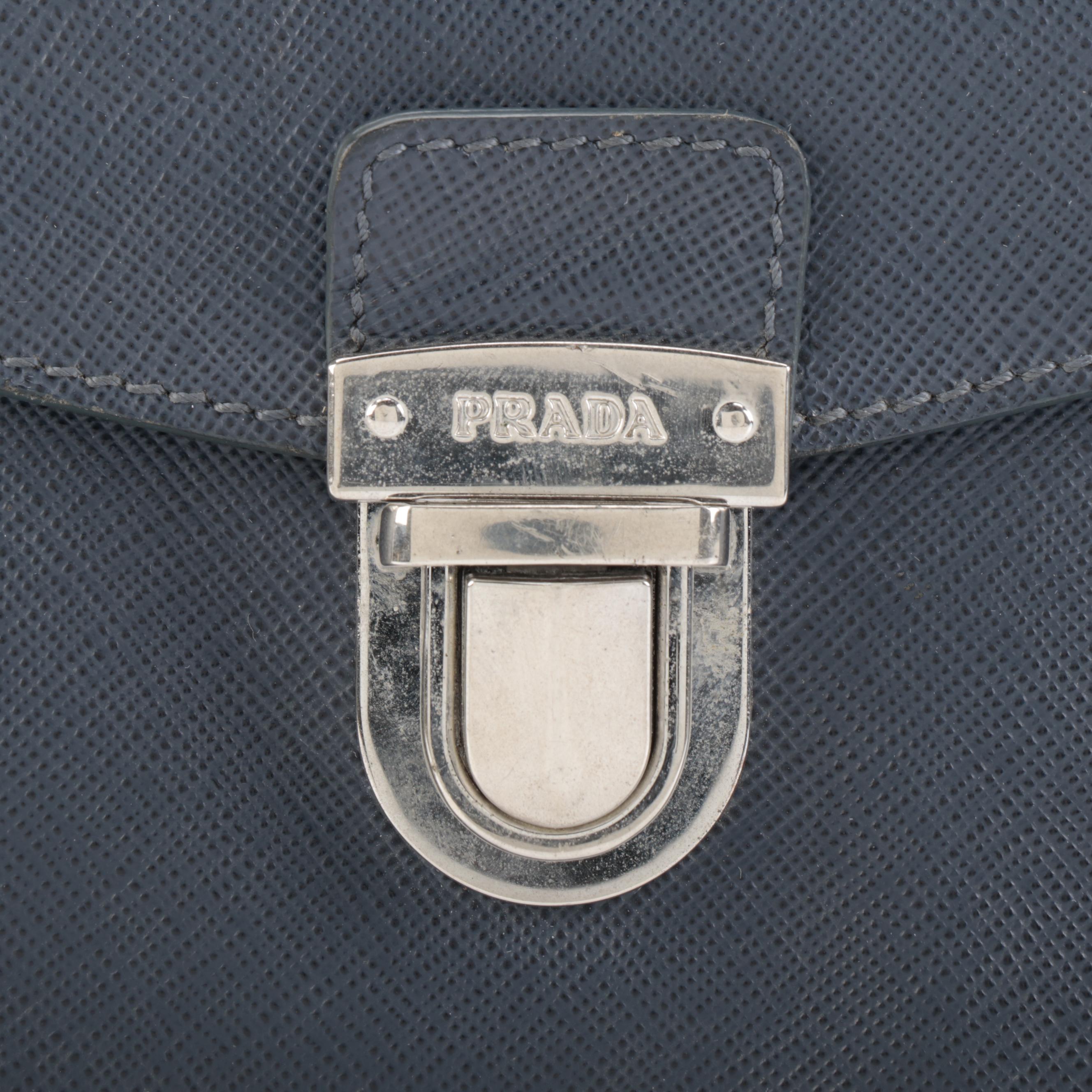 Prada Flap Front Clutch in Blue Saffiano Leather
