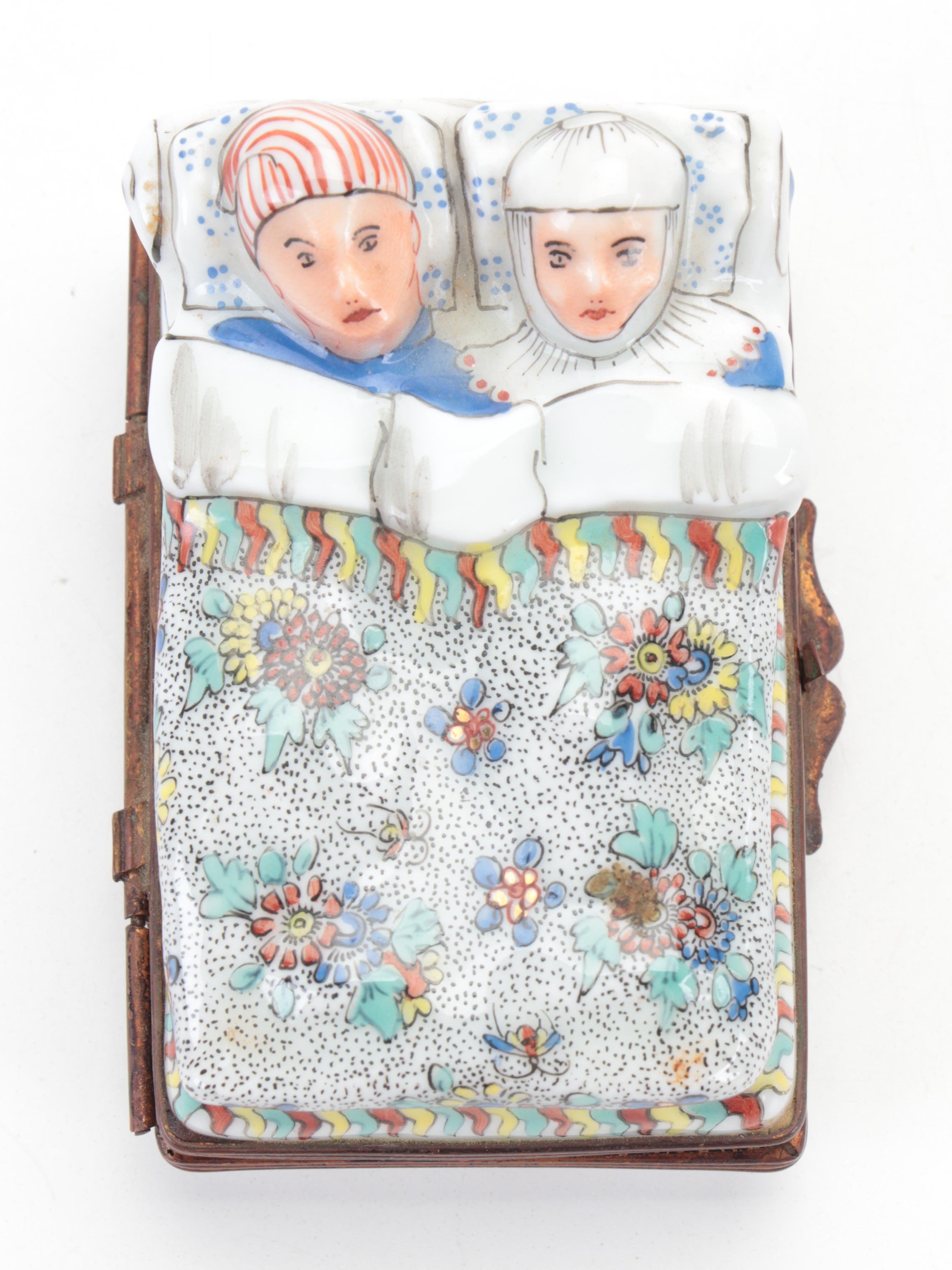 French Limoges Chantilly Style Hand-Painted Porcelain Couple in Bed Box