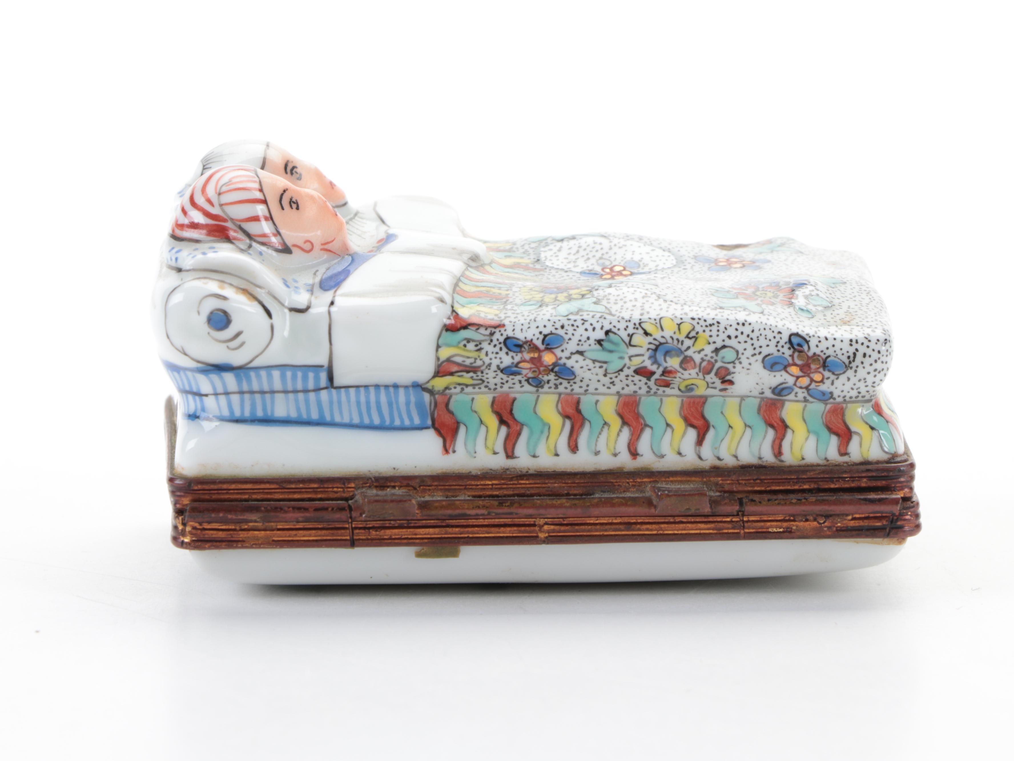 French Limoges Chantilly Style Hand-Painted Porcelain Couple in Bed Box