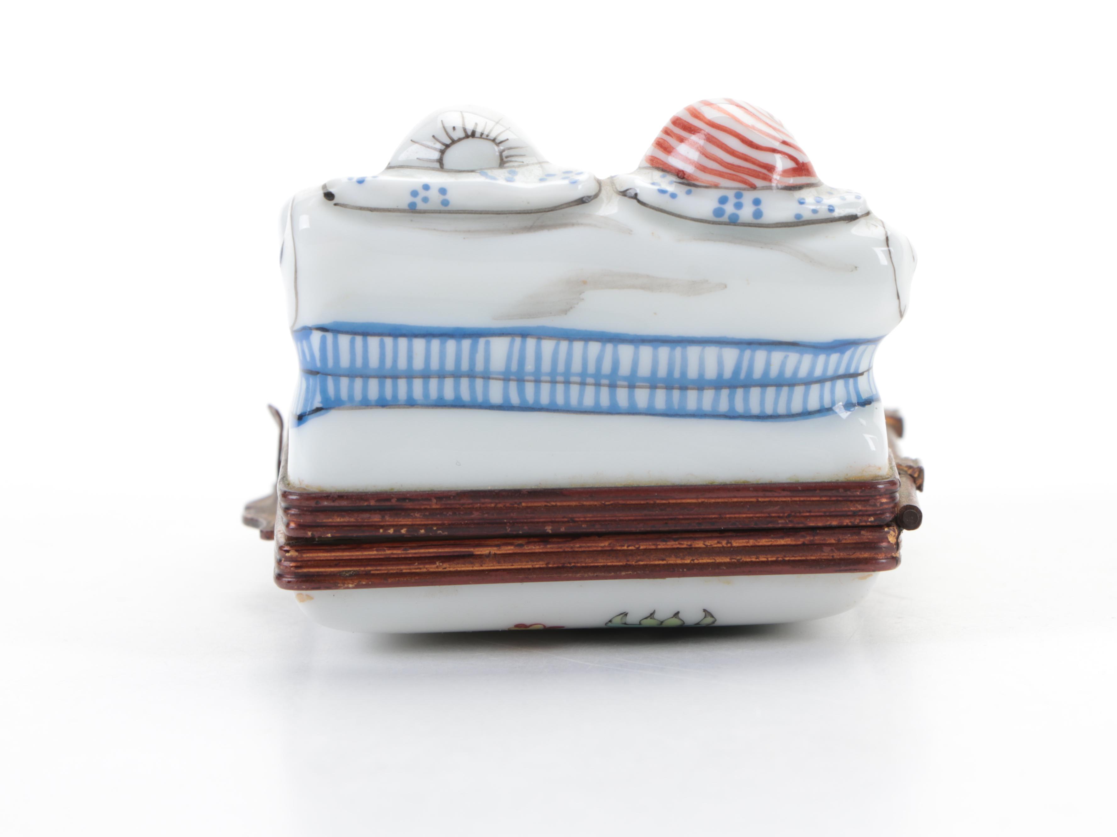 French Limoges Chantilly Style Hand-Painted Porcelain Couple in Bed Box