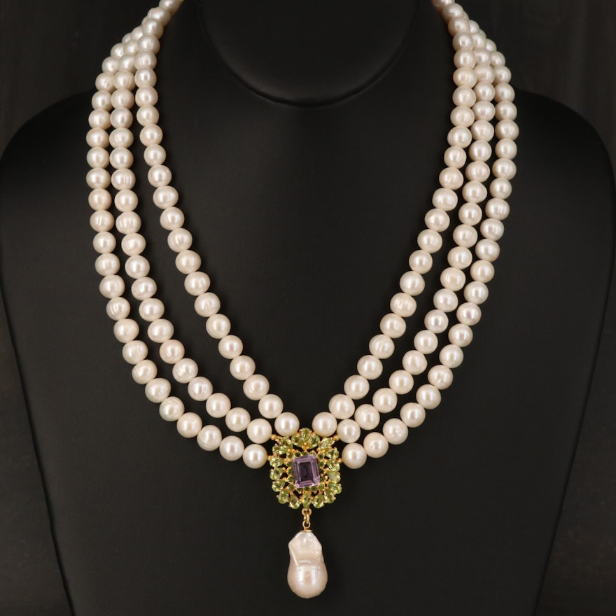 Sterling Amethyst, Peridot and Pearl Necklace