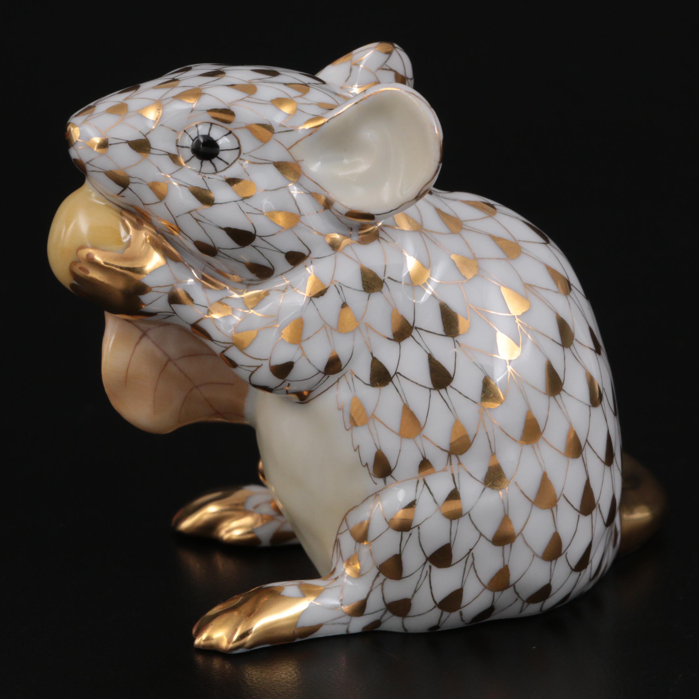Herend Guild Gold Fishnet "Meadow Mouse" Porcelain Figurine with Box, 2008
