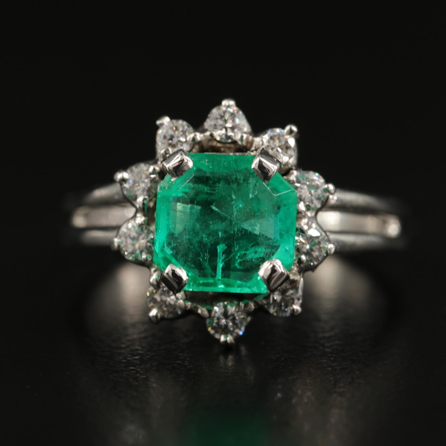 1950s Platinum 1.84 CT Emerald and Diamond Ring