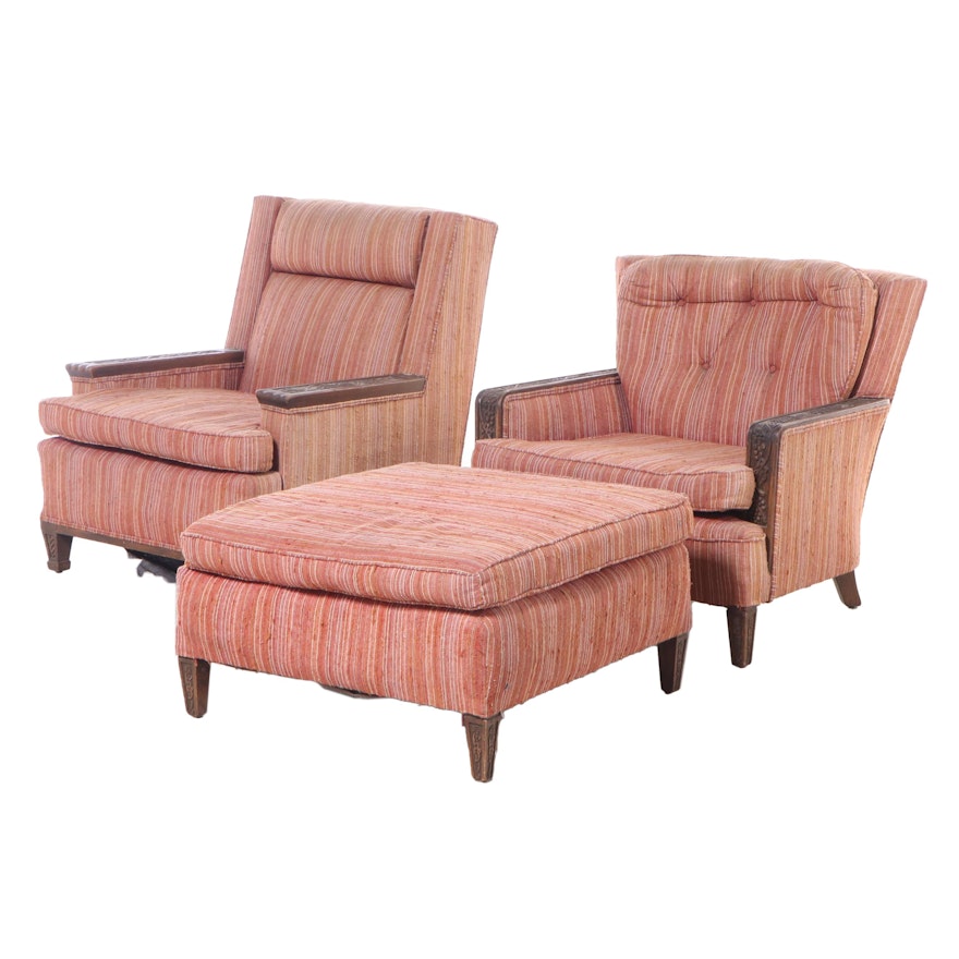 Two Romweber Relief-Carved Oak and Custom-Upholstered Club Chairs with Ottoman