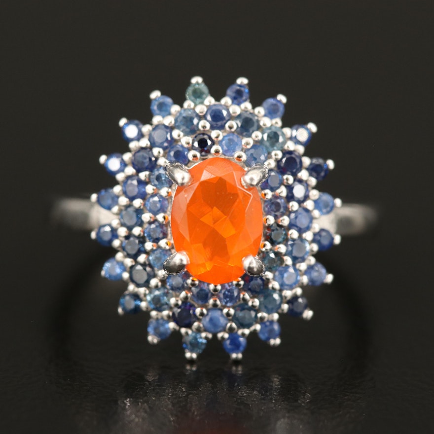 Sterling Fire Opal and Sapphire Ring