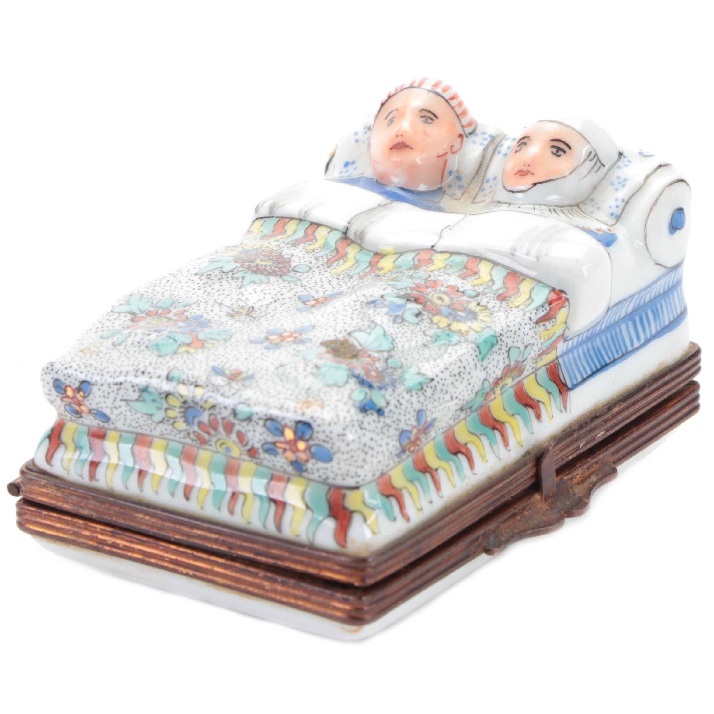 French Limoges Chantilly Style Hand-Painted Porcelain Couple in Bed Box