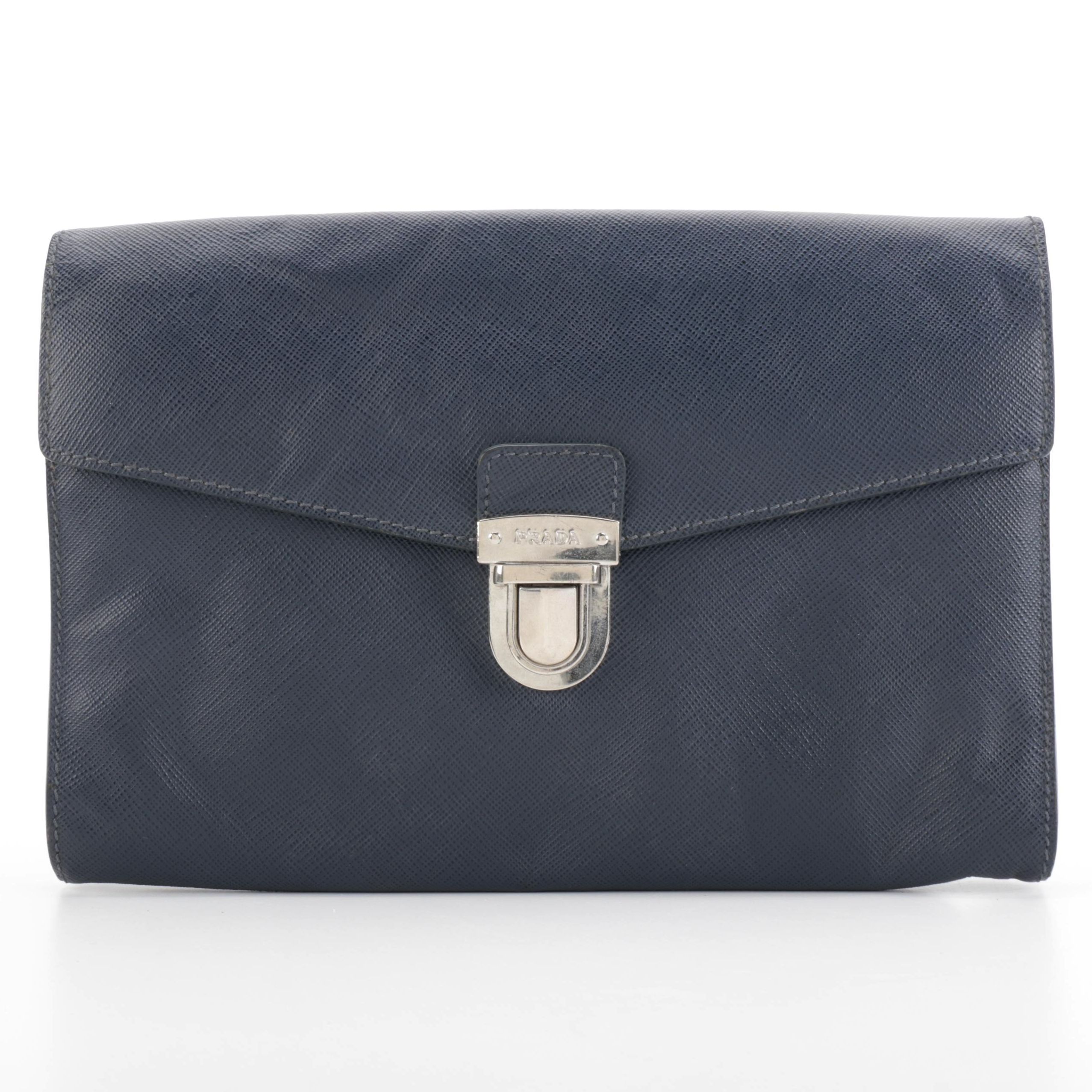 Prada Flap Front Clutch in Blue Saffiano Leather