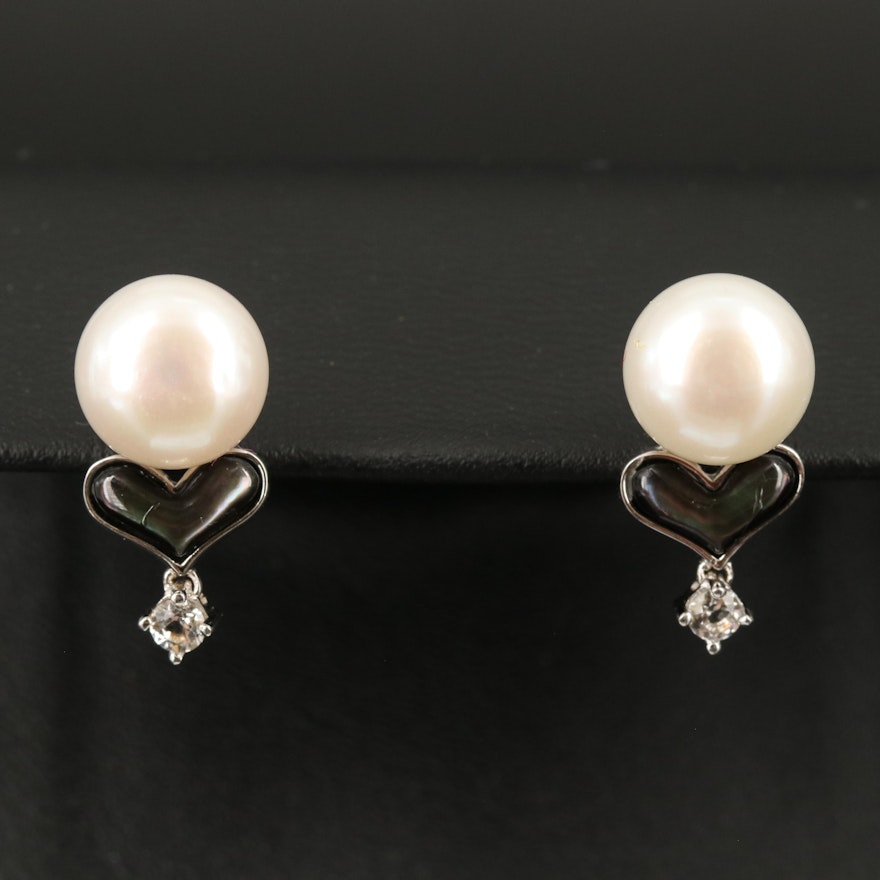 Sterling Pearl, Mother of Pearl and Topaz Heart Earrings