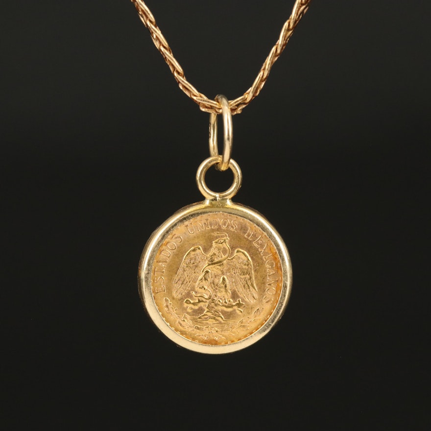 21K Mexican 1945 Two Peso Restrike on 14K Italian Gold Pendant Necklace