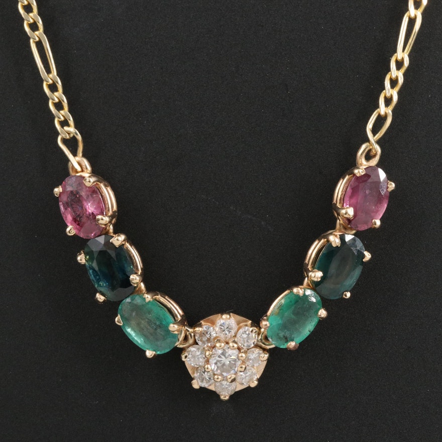 14K Diamond, Ruby, Emerald and Sapphire Stationary Pendant Necklace