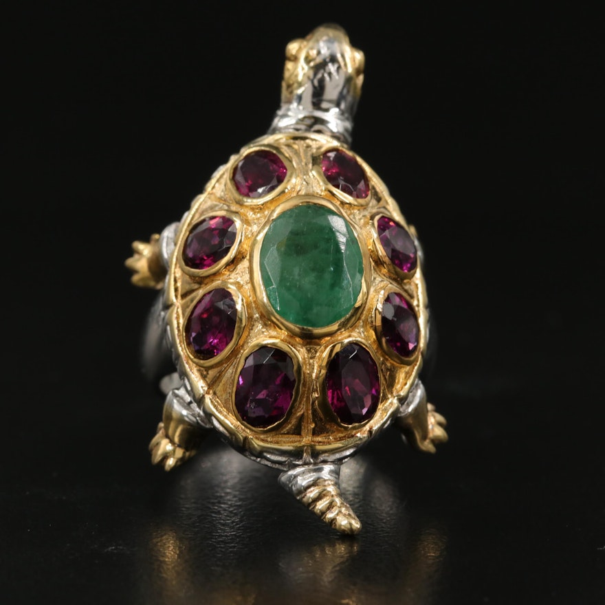 Sterling Emerald and Garnet Articulated Turtle Ring