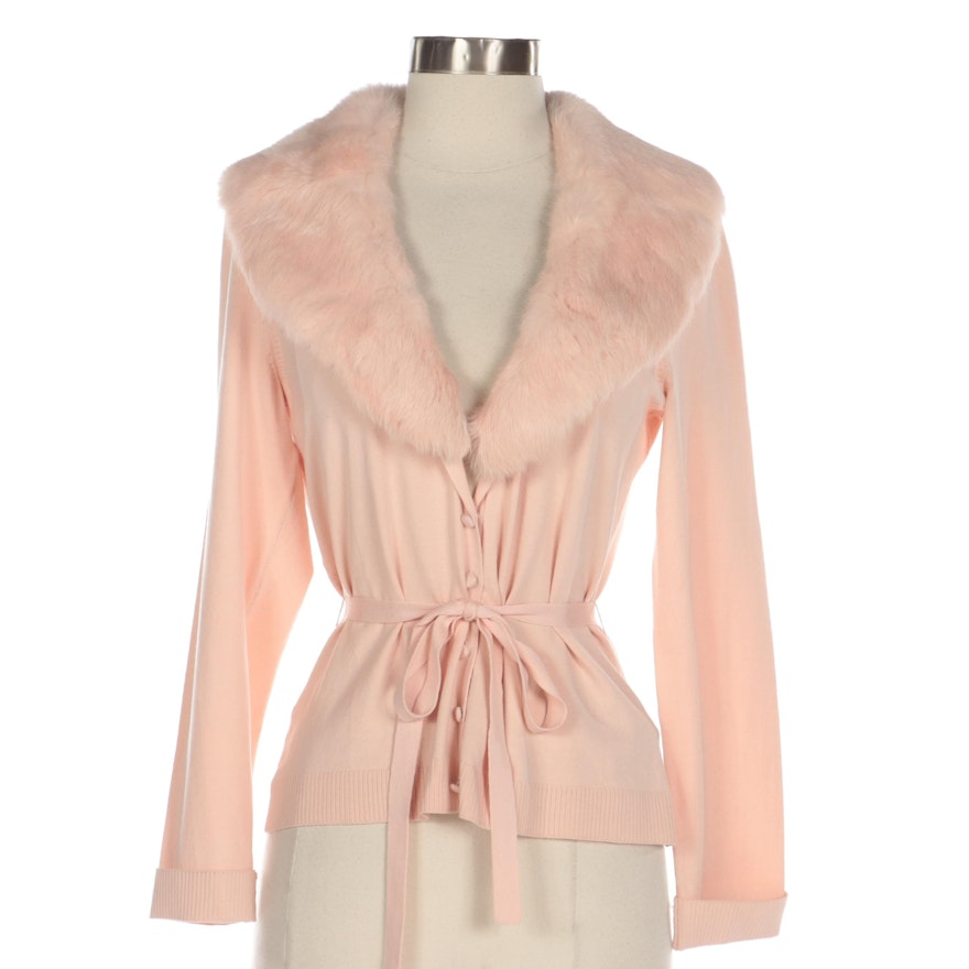 Nygård Collection Pink Knit Cardigan with Tie Belt and Rabbit Fur Collar
