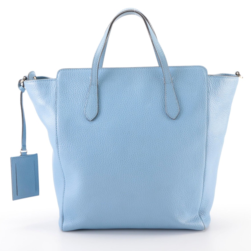 Gucci Zippered Tote Bag in Light Blue Pebbled Calfskin Leather