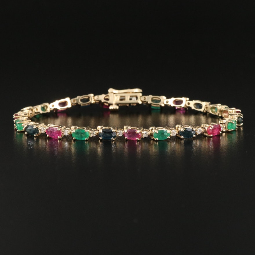 14K Ruby, Emerald, Sapphire and Diamond Bracelet