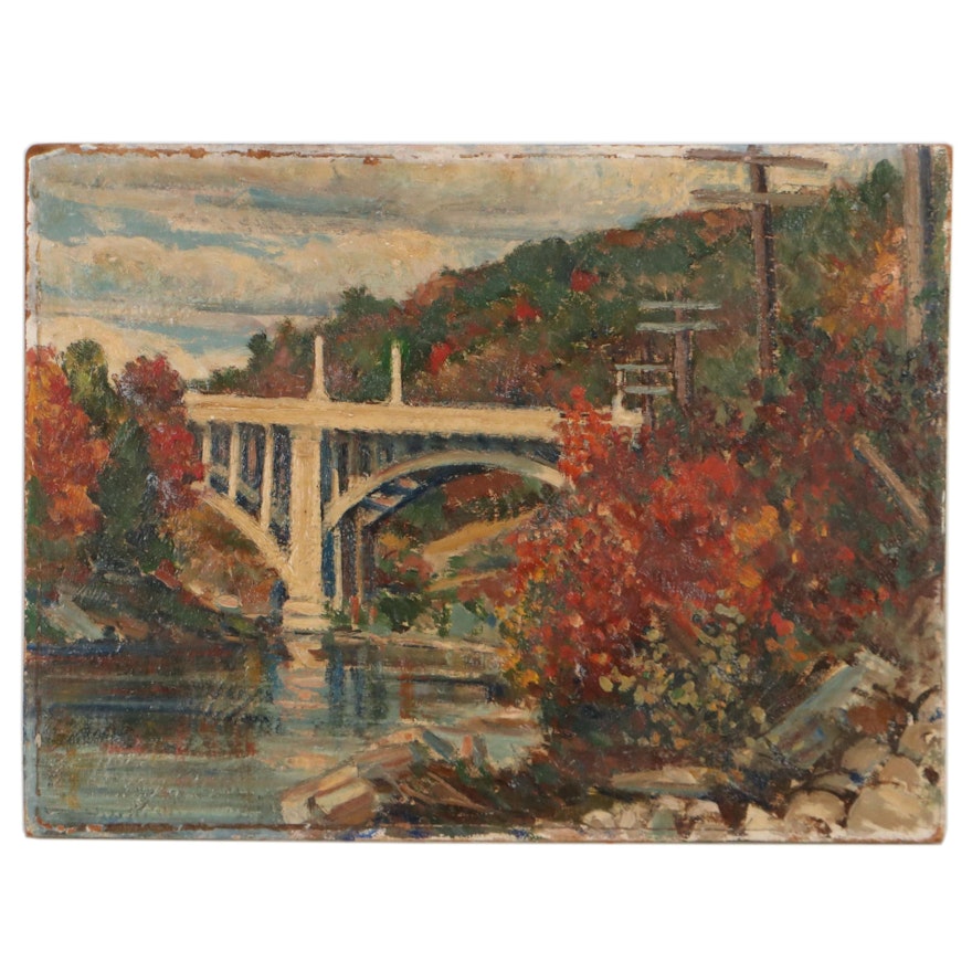Oil Painting of Bridge in Autumn, Mid to Late 20th Century