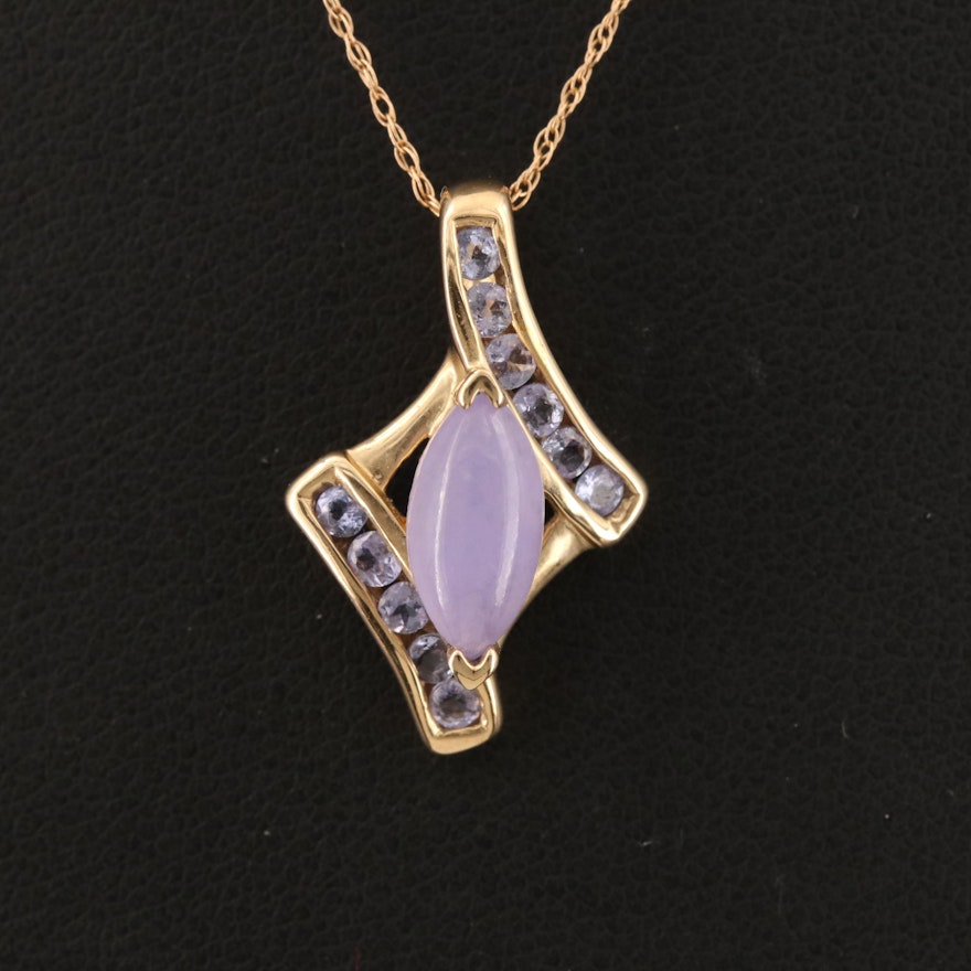 10K Jadeite and Tanzanite Pendant on 14K Fancy Link Necklace