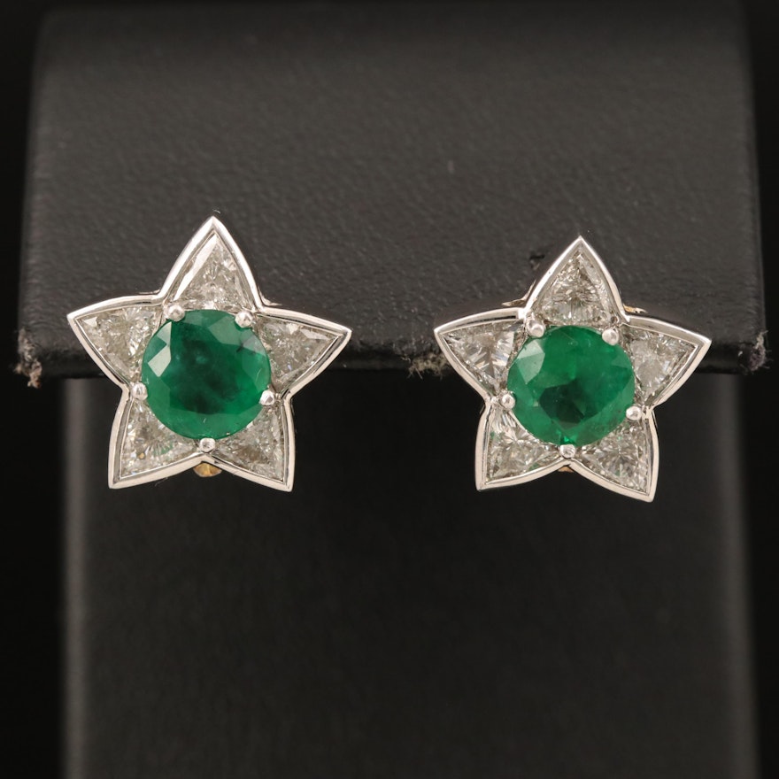 Platinum Emerald and 2.20 CTW Diamond Star Earrings