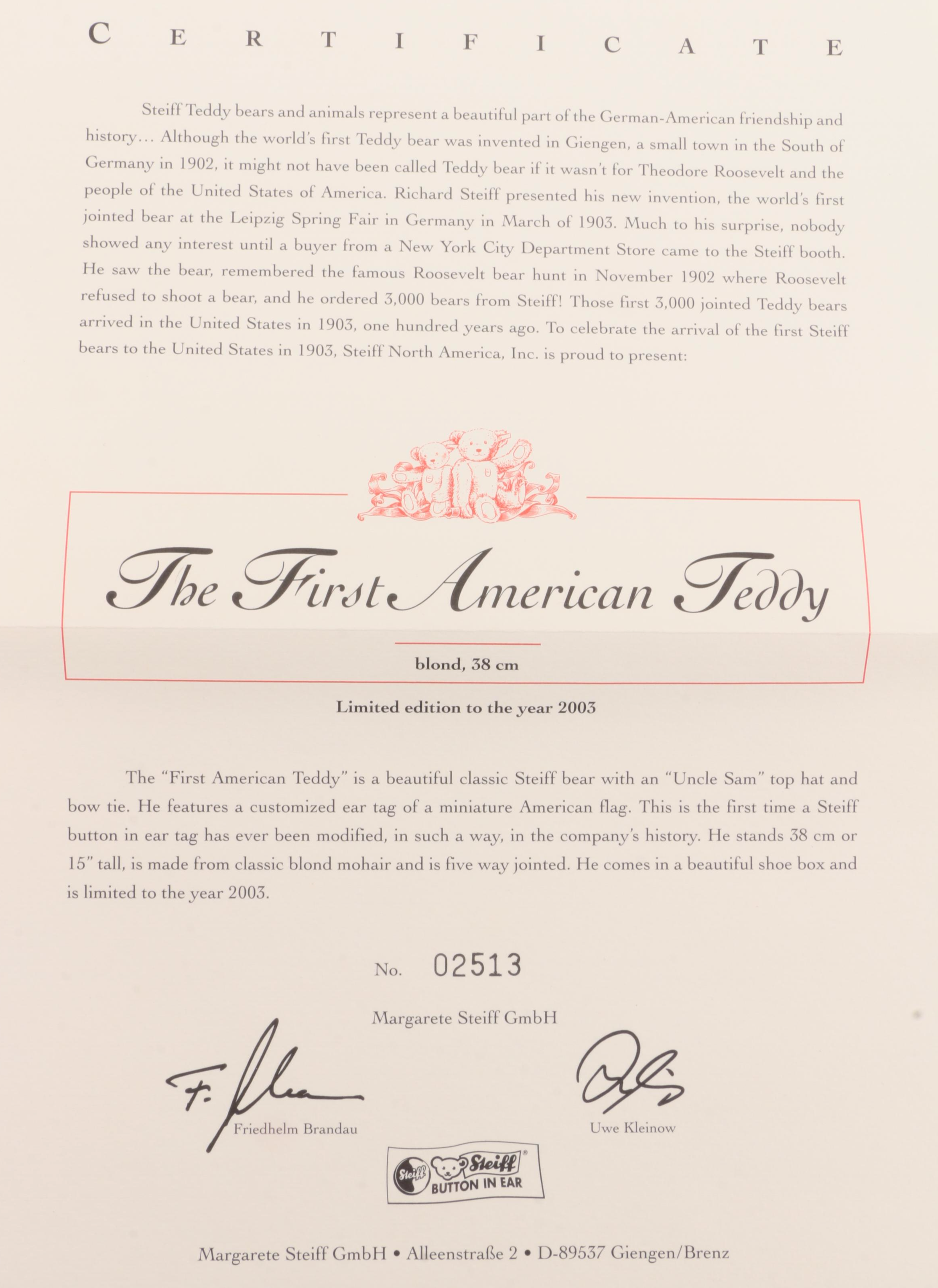 Steiff "The First American Teddy" Plush Mohair Bear, 2003