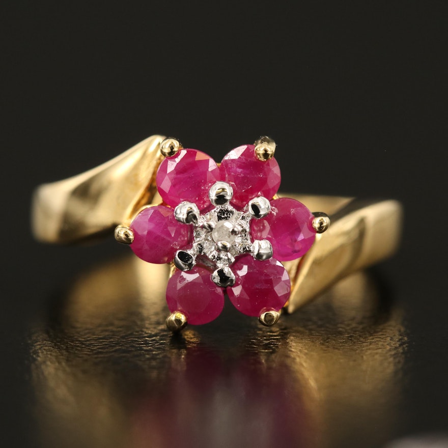 Sterling Ruby and Diamond Floral Bypass Ring