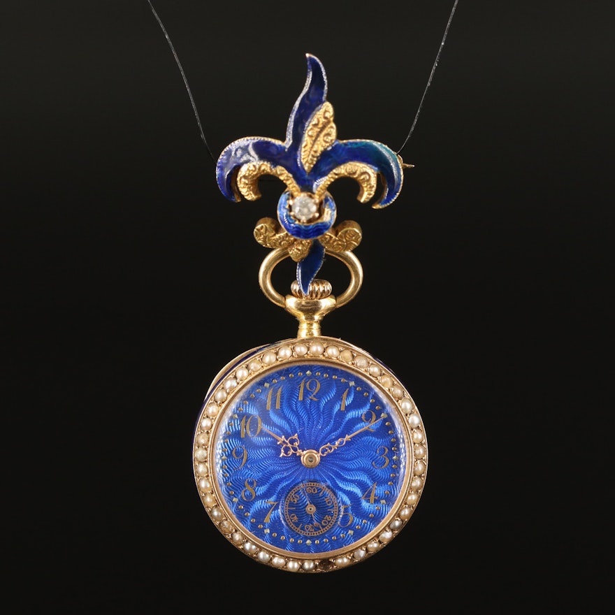 14K Blue Enamel and Seed Pearl Pocket Watch with 14K Diamond Fleur de Lis Pin