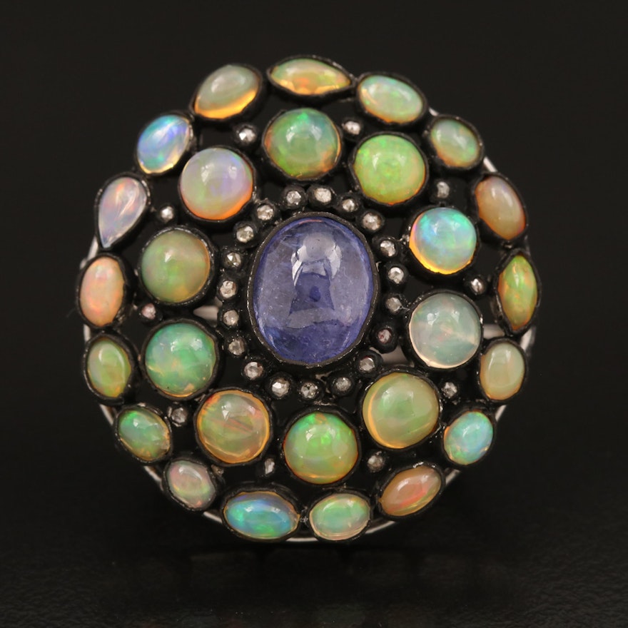 Sterling Opal, Tanzanite and Diamond Ring