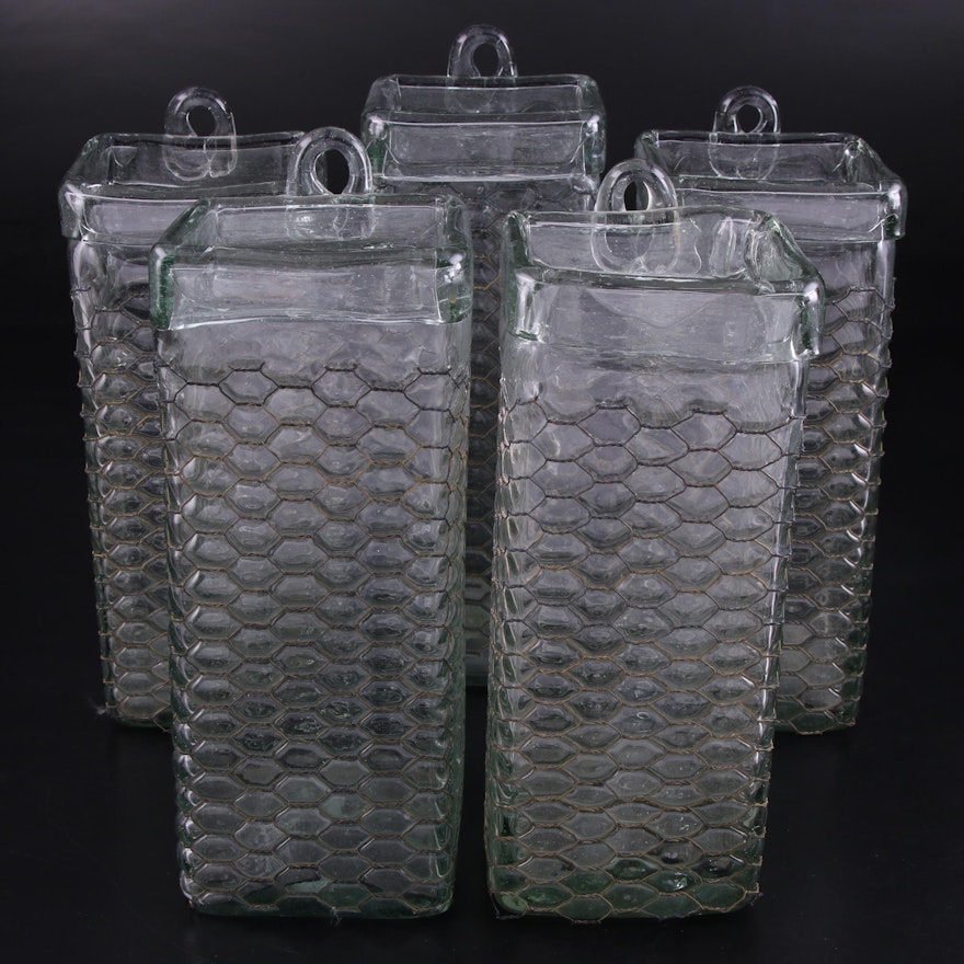 Mexican Blown Recycled Glass with Chicken Wire Wall Pockets