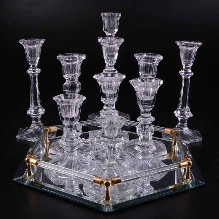 Glass Candlesticks with Mirror Tray