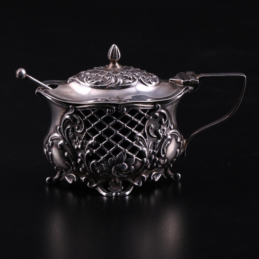 William Aitkin Sterling Silver Mustard Pot with Cobalt Glass Insert, 1904