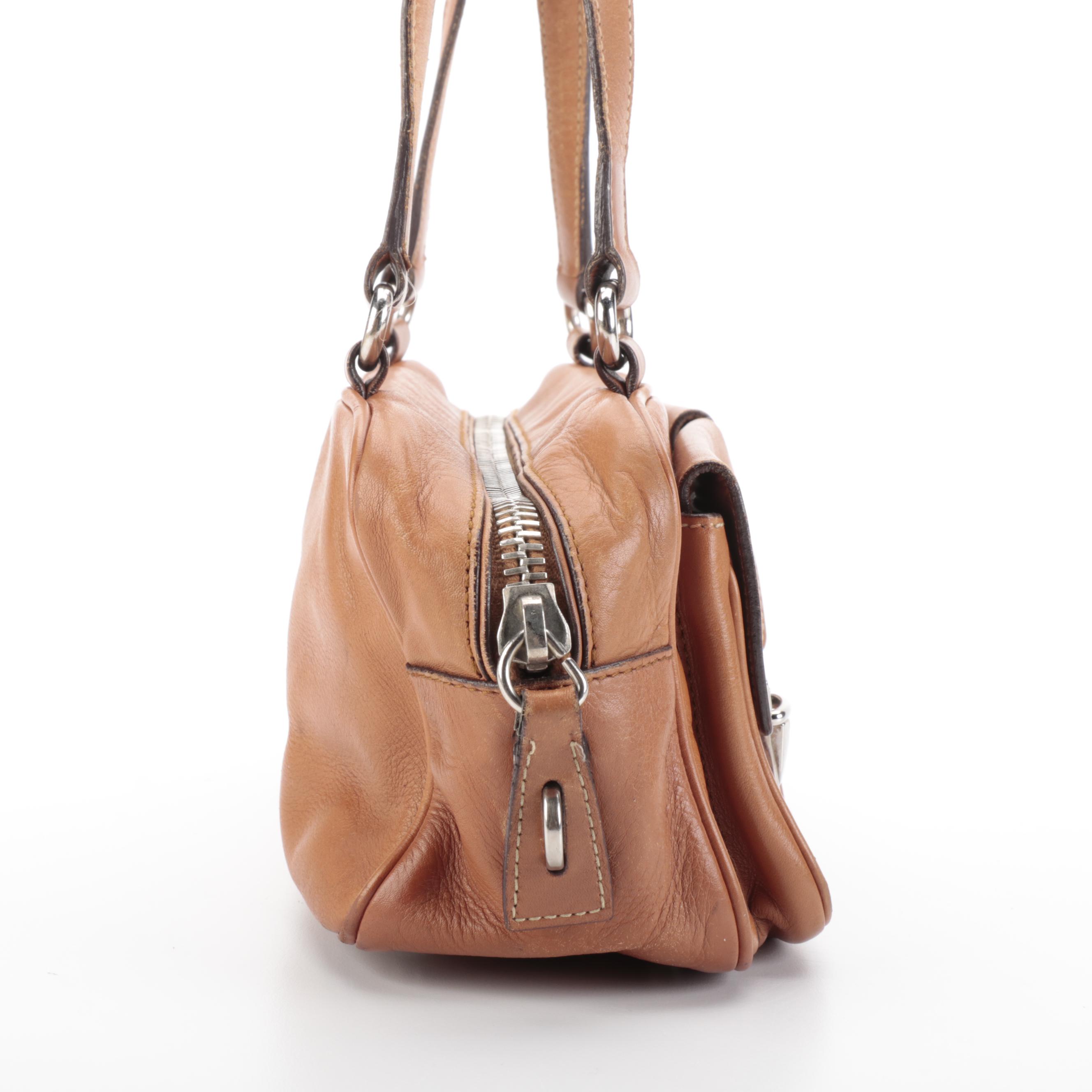 Prada Baguette Shoulder Bag in Dark Tan Leather with Exterior Pockets